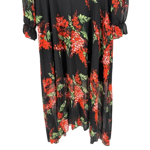 Black Red Floral Tie Bow Neck Maxi Long Dress Sheer Long Sleeve size 14 NWT