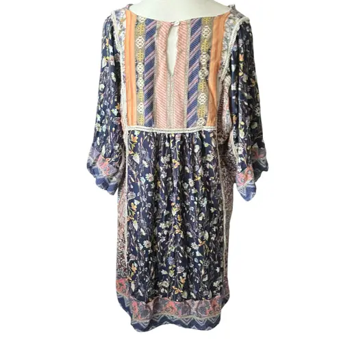 Sundance Women's Bohemian Boho Floral Print Tunic Dress Crochet Trim Size Large Blue