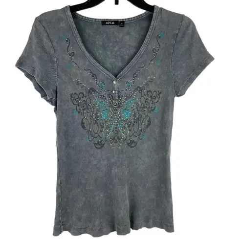 Apt. 9  Gray Ribbed Top with Turquoise and Rhinestone Butterfly Size Medium