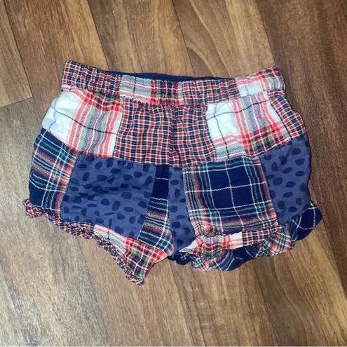 Aerie  Tartan Plaid Leopard Print High Rise Pull-On Ruffle PJ Shorts Navy Red XS