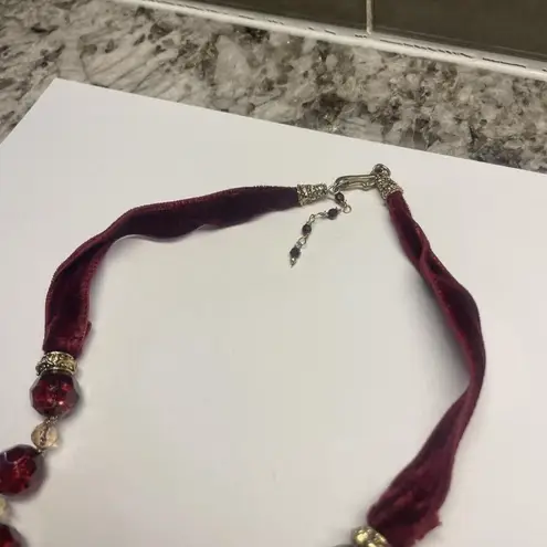 Monet Signed  Necklace Gold Tone Maroon Glass Bead / Ribbon - Beaded