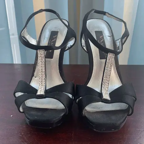 Nina Shoes Nina Womens High Heels Peep Toe Sandals Ankle Strap Black Silver Shoes Size 6