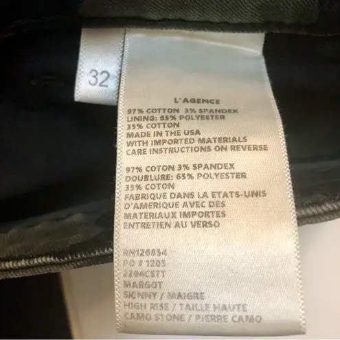 L'Agence Margot Jeans Camo Pattern Gold Side Stripe Stretchy Olive Green sz 32
