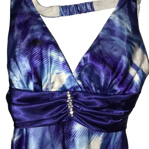 Taboo BLUE MULTI PATTERN EMBELLISHED WAIST MAXI DRESS 9/10