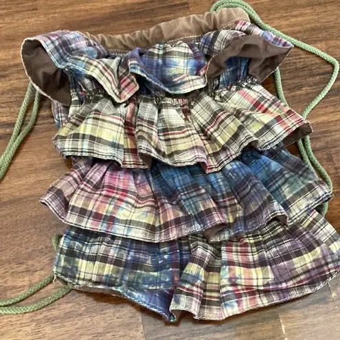 Ruffled Drawstring Bag Backpack Plaid Brown Frills Y2K Casual Lizzie McGuire Green