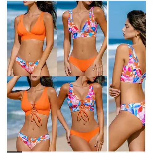 Cupshe ‎ Bikini Swimsuit Set Floral Print Orange Lace Up Back Womens Small S