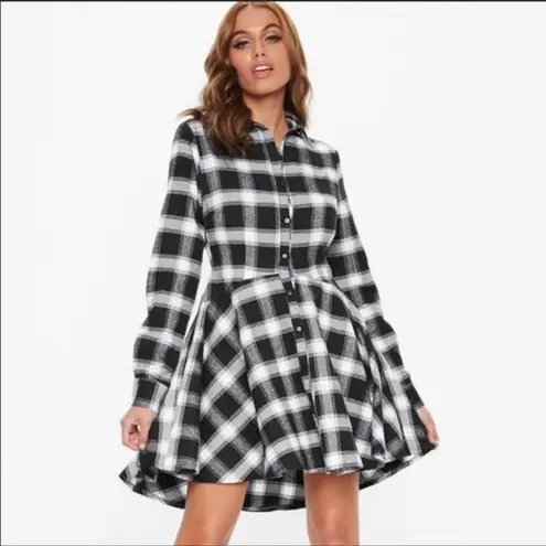 Missguided Plaid Check Black White Long Sleeve Button Down Skater Shirt Dress