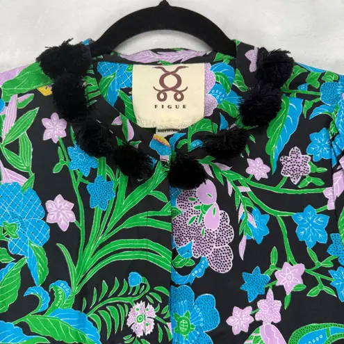 Figue Floral Print Mini Dress Long Sleeve Tassel Detail XS Black