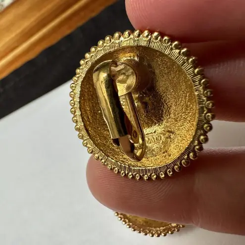 Avon Gold Tone Aurora Borealis Rhinestone Round Dome Clip On Earrings Signed