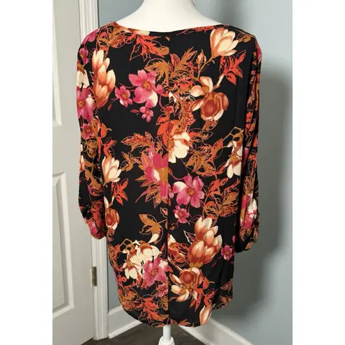 Zoe + Phoebe Black Long Sleeve Ruffle Front Blouse With Floral/Leaf Print, Large