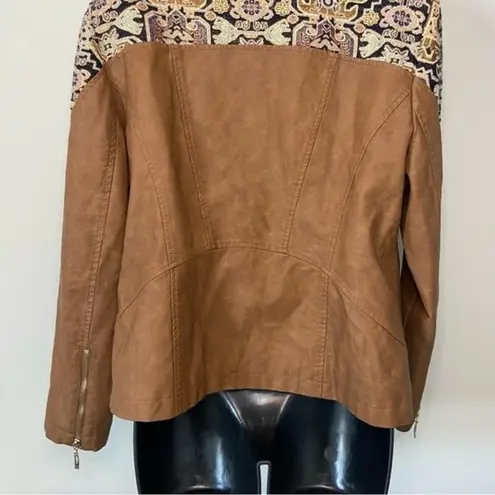 Chico's  Tan Faux Leather Jacquard Mixed Media Moto Jacket Southwestern Sz Medium