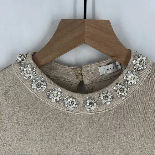 Endless Rose Metallic Gold Stretch Jersey Liquid Knit Embellished Neck Top M