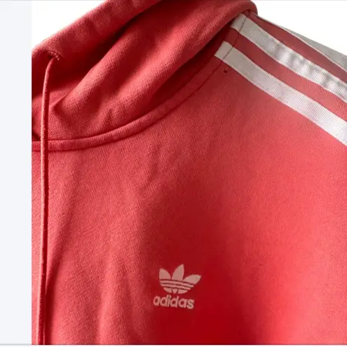 Adidas  salmon cropped hoodie with white long sleeve stripes, size small