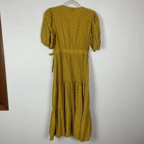 FRNCH Paris Yellow Floral Wrap Midi Dress S V-Neck Puff Sleeves Cinch Waist Tie