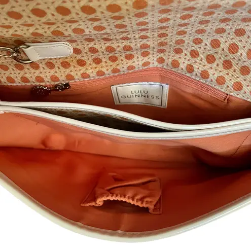 Vintage Lulu Guinness Lattice Print Coral White Vinyl Trim Wristlet Clutch Bag