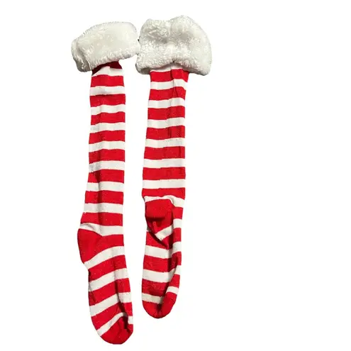 Christmas Socks Red & White Candy Cane Striped Knee High Whi Plush Cuff Costume