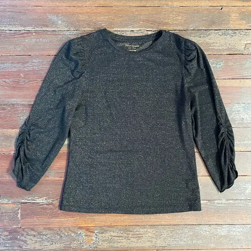 Kate Spade  Black with Gold Metallic Jersey Ruched Sleeve Top - Sz S 🧡🎀