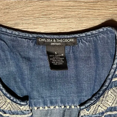 Chelsea & Theodore Denim Chambray Embroidered Dress 100% Tencel Size S Blue
