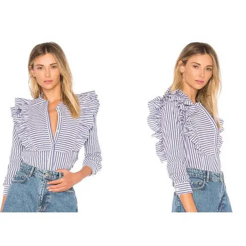 ANINE BING Striped Blue & White Ruffle Frill Blouse Top Size XS X-Small
