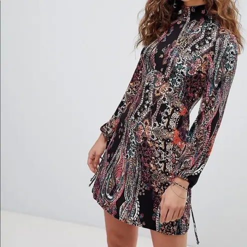 Free People  All Dolled up paisley printed open back mini black dress size S