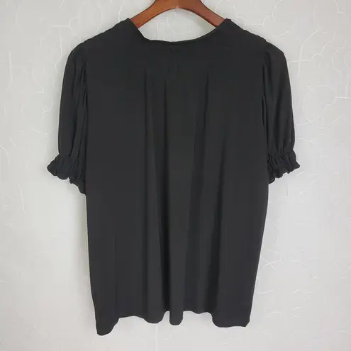 Norma Kamali  Womens Blouse Size S Black Smocked Short Sleeve Tie Front Stretch