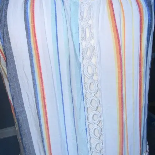 Blue Island Multicolor Stripes White Boho Fringe Hem Tie Strap Summer Dress XL