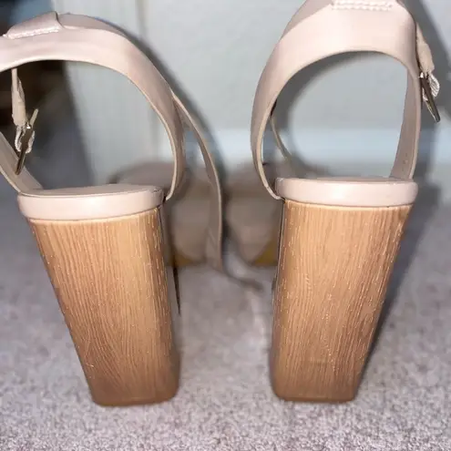 ALDO  NUDE OPEN TOE PLATFORM CHUNK WOOD-MIRRORED HEELS WITH ANKLE STRAP SIZE 9