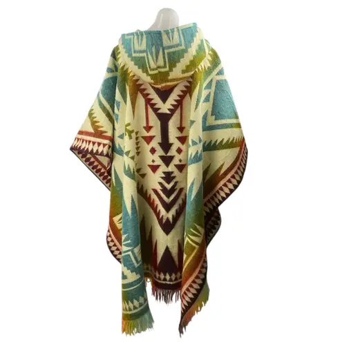 Runa Arts 100% Wool Multicolor Aztec Tribal Hoodie Hooded Fringe Poncho Sweater Size undefined