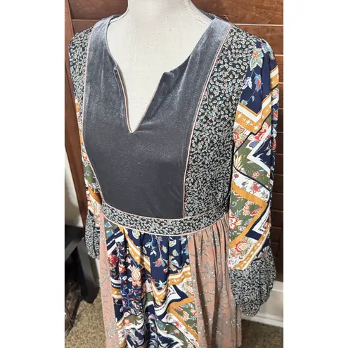 Mystree Dress Patchwork Velvet front Fall boho peasant gypsy festival sz M