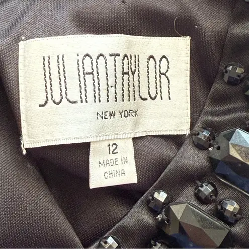 Julian Taylor Black Swing Evening Dress Pleated Neck Jeweled Trim Size 12 Event