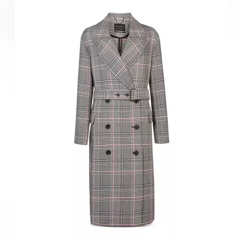 All Saints Tyla Check Plaid Wool Blend Belted Long Trench Coat