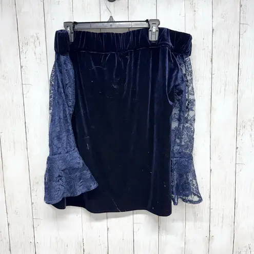 Missguided Top Women Sz 16 Navy Velvet Off Shoulder Keyhole 3/4 Sleeve Blouse