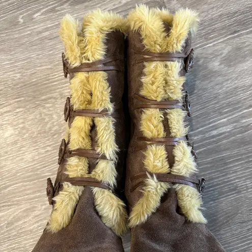 Earth Origins Jem Brown Suede Tan Faux Fur Buckle Winter Boots Boho Fairy Size 8
