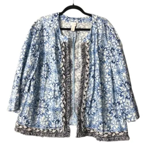 Chico's  Blue White Floral‎ 100% Linen Fringe Kimono Jacket Size 4 Boho Coastal