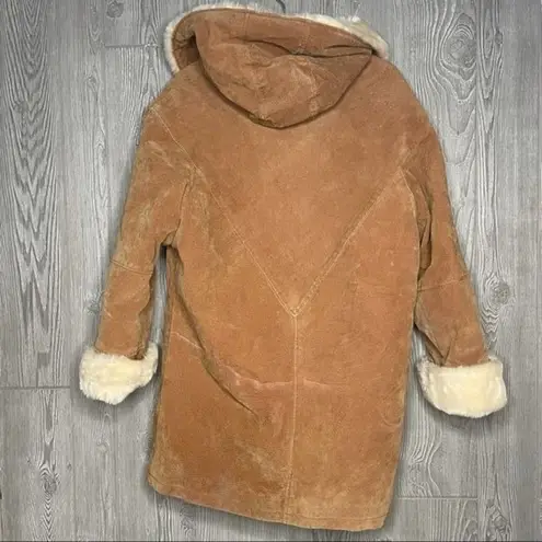 Copper collection leather faux fur lined jacket coat horn type buttons hooded sm Tan
