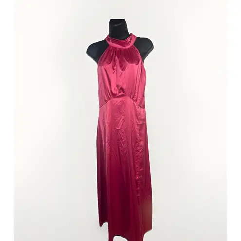 Beyond Classy Silky Satin Halter Midi Dress sz Small Slit Hot Pink‎ Tie Neck Pink