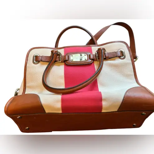 Michael Kors Hamilton Stripe Satchel Bag Ivory Red Brown Leather Trim