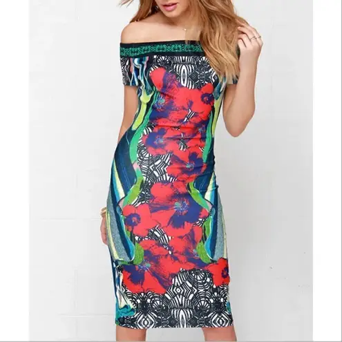Jealous Tomato Tropical Print Bodycon Sheath Dress Red Blue Small Off Shoulder