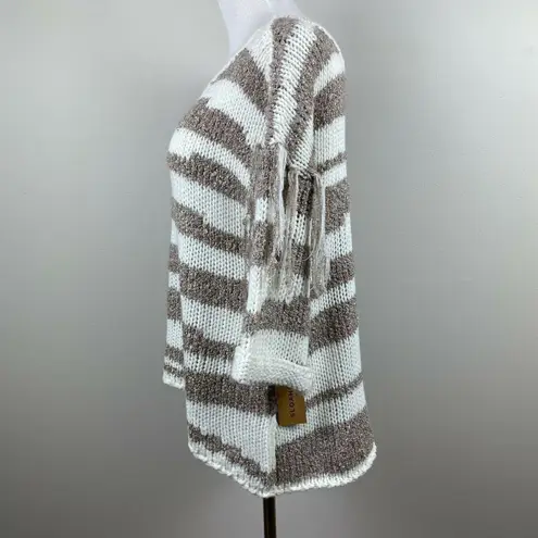 Sloane Rouge Sweater XS Fringe 3/4 Sleeve Wool Blend Striped Open Knit White