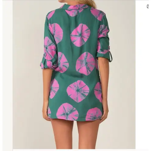 Elan Sand Dollar Teal Pink Button Up Tunic Shirt Womens XS Rayon Roll Tab Sleeve