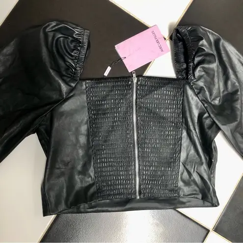 Avec Les Filles NWT Faux Leather Black Crop Top Smocked Puffy Balloon Sleeves M