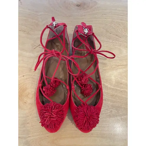 Aquazzura Firenze Red Suede Pom Pom Lace Up Pointed Toe Ballet Flats Size 9