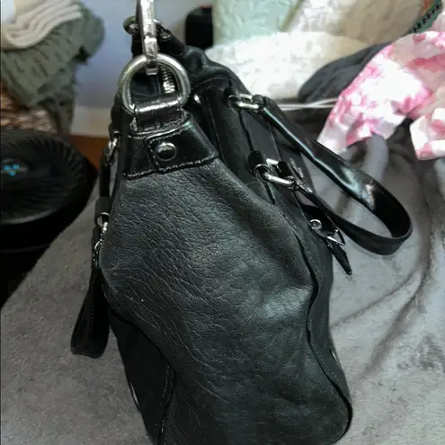Olivia Harris Black Leather Duffel Bag with Modern Chain