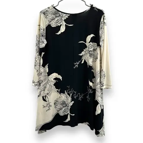 Clara Sun Woo Cream & Black Floral Print Stretch 3/4 Sleeve Tunic Top Sz S NEW