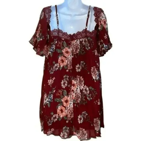 Flying Tomato  Off ‎ Shoulder Pleated Crochet Trim Burgundy Floral Dress EUC S