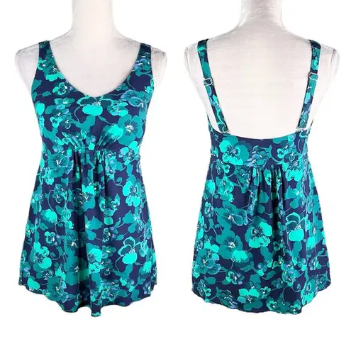 L.L.Bean  Soft Drape Tankini Top 12 Blue Green Floral Adjustable UPF 50+