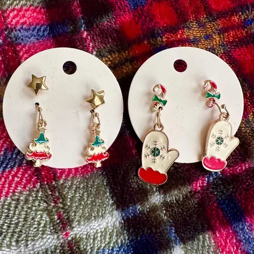 Holiday Earrings with Trees Mittens Candy Canes Stars Red