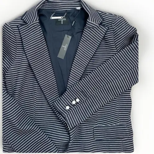 T Tahari Blazer Size 8 Navy Striped Notched Lapel Jacket Pearl Buttons NEW