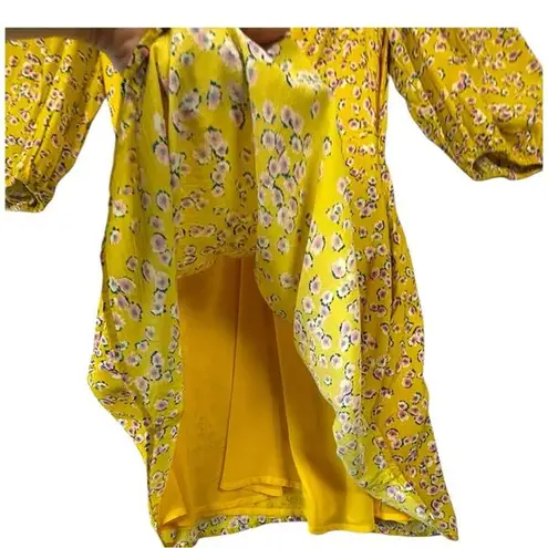 Nicholas Yellow Floral Print Ruched Tie Front Midi Dress Puff Sleeve sz 8 Boho