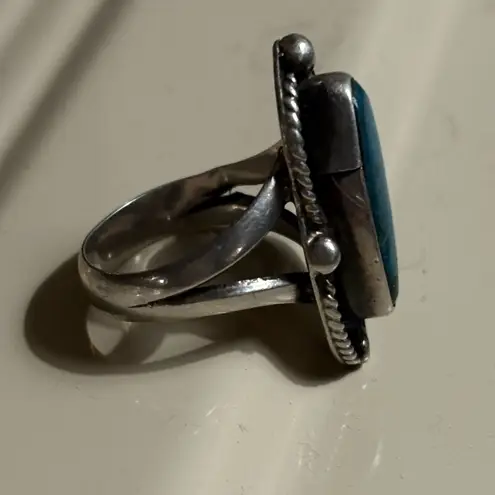 Navajo Southwestern Large Oval Turquoise Braided Tear Drop Ring size 7 Silver
